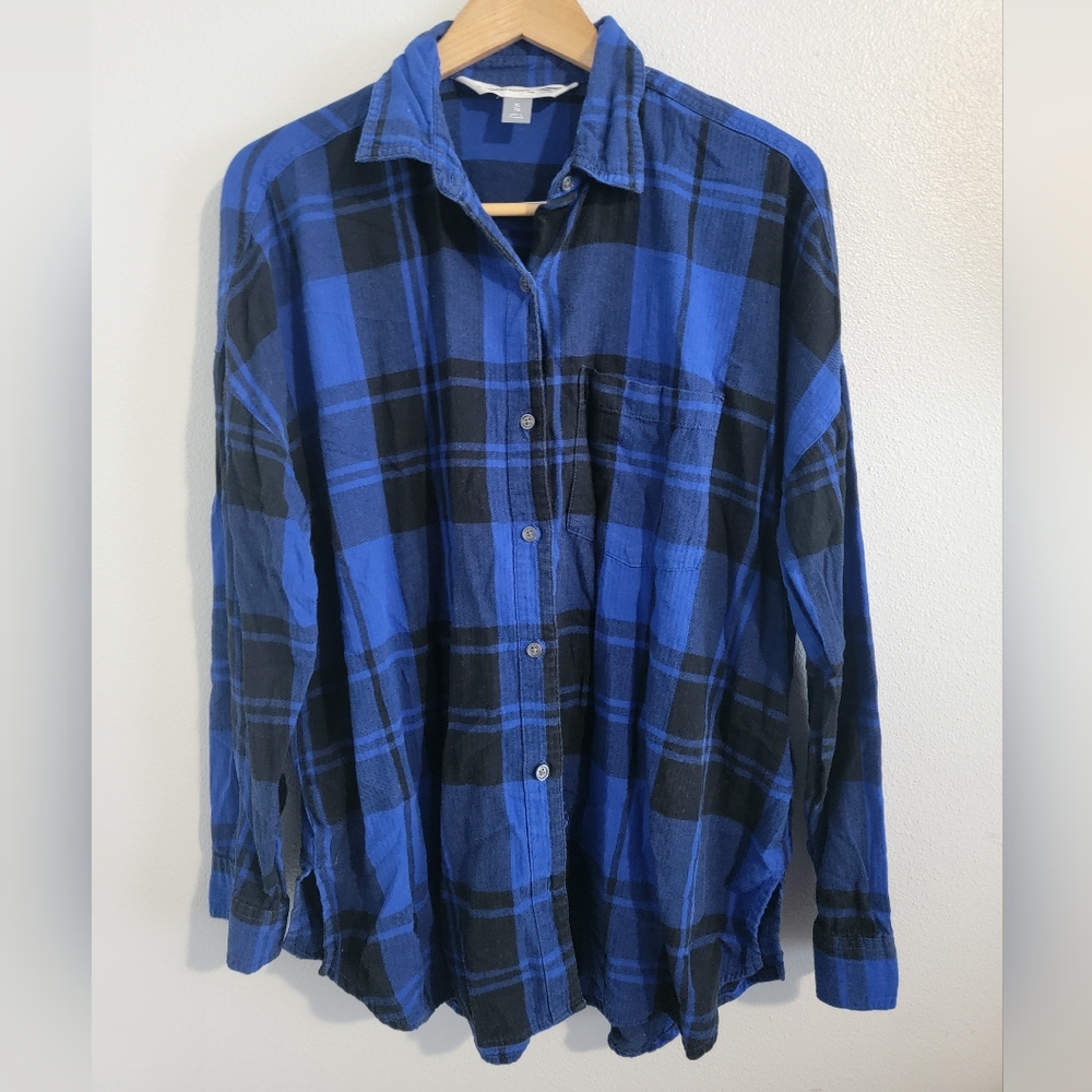 Blue and black plaid flannel button-up
